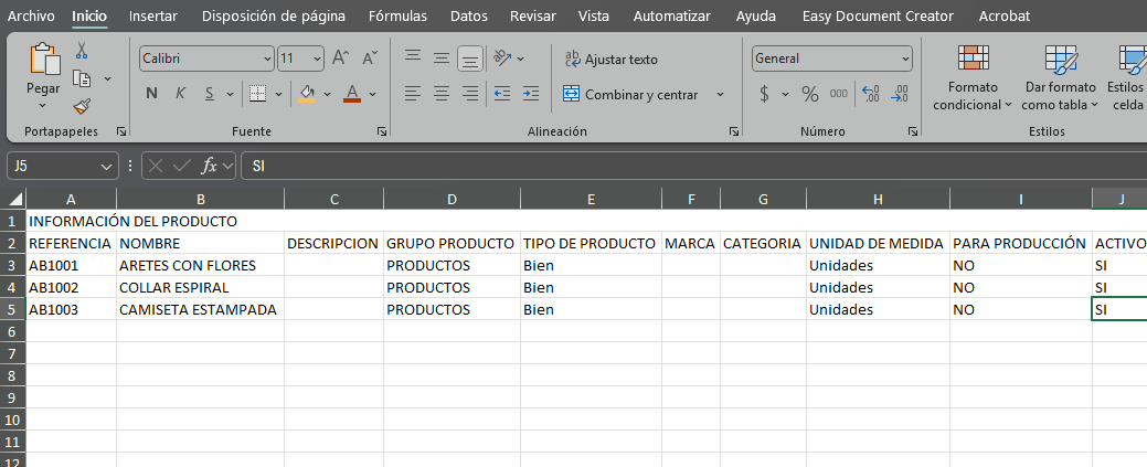 Cargar productos desde excel